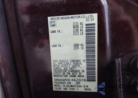 2014 Nissan Maxima 3.5 Sv из США, поврежденный, VIN 1N4AA5AP2EC462078